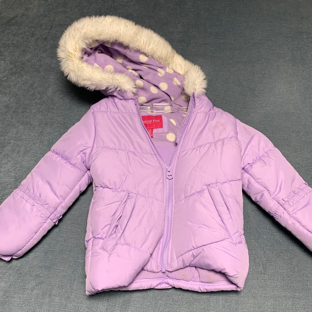 London Fog Puffer Jacket Girls S/4 Purple Faux Fur Trim Hood Fleece Lined Warm